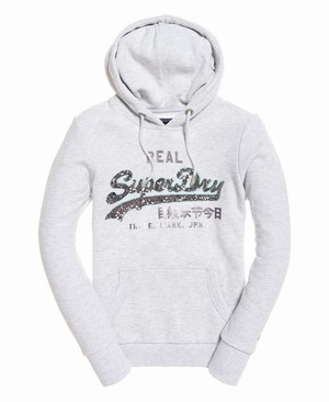 Superdry Vintage Logo Sequin Outline Női Kapucnis Pulóver Fehér | NQKZP7820